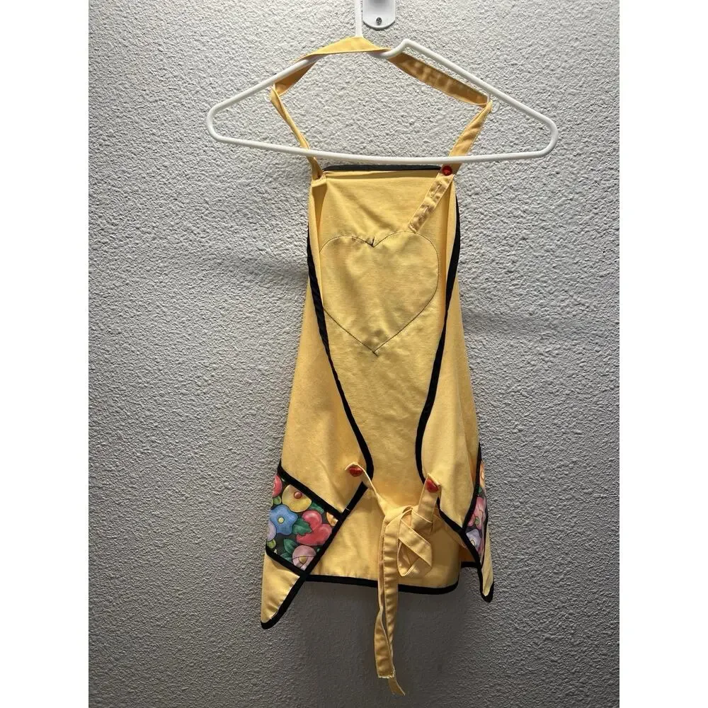 Childrens Yellow Heart Apron Floral Pocket Handmade Cooking Craft Apron